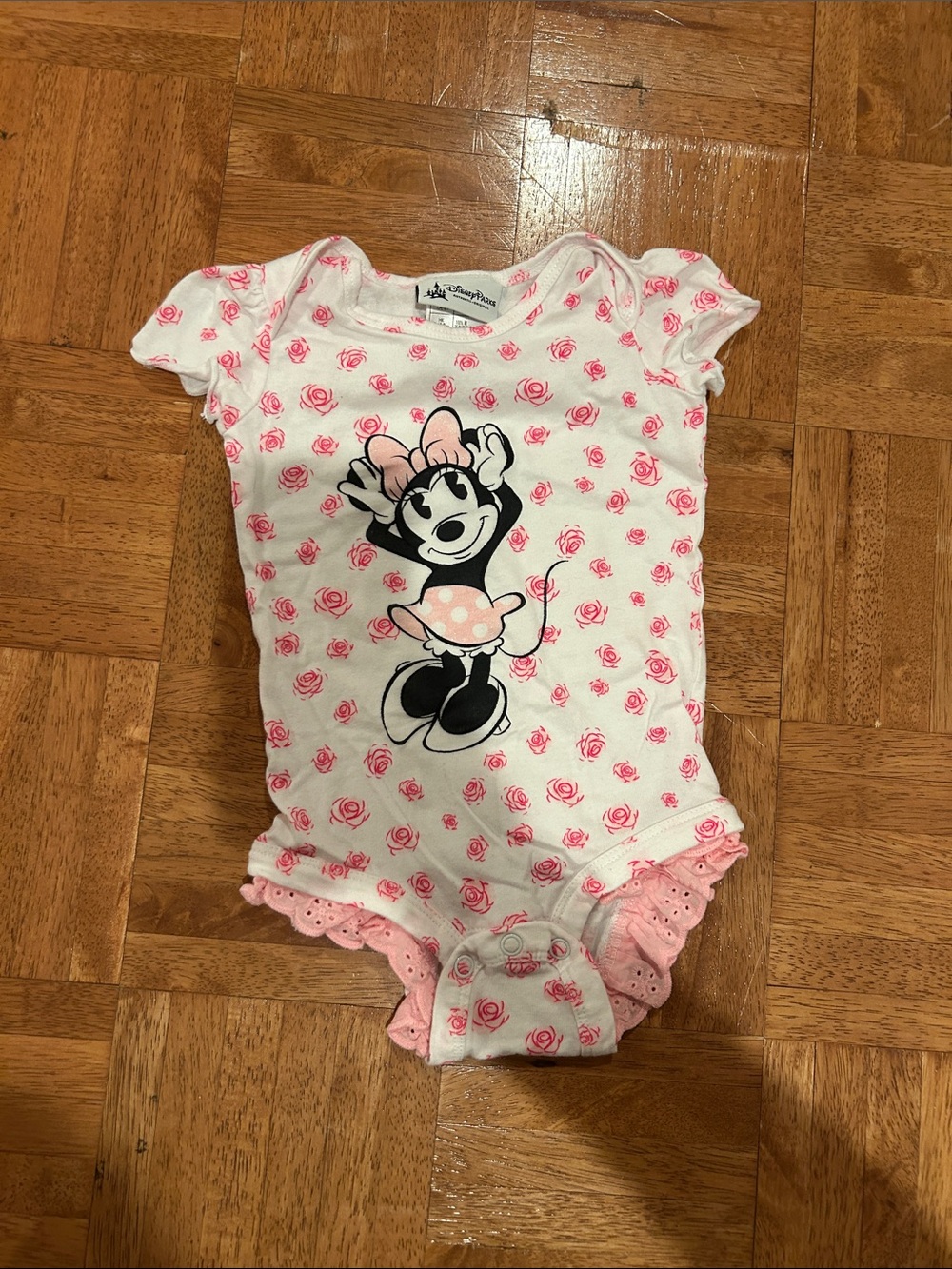 Disney White and Pink Minnie Mouse Floral One-Piece Bodysuit